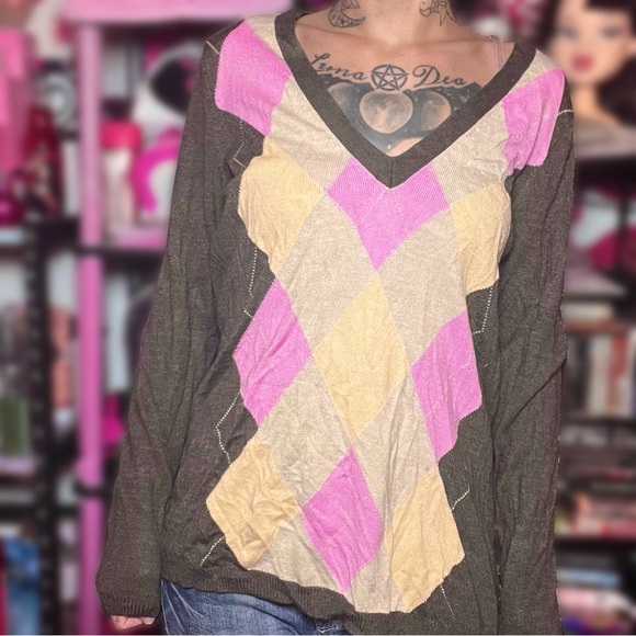 2000s New York & Company Argyle Sweater Pink Brown Size Large - Picture 1 of 7